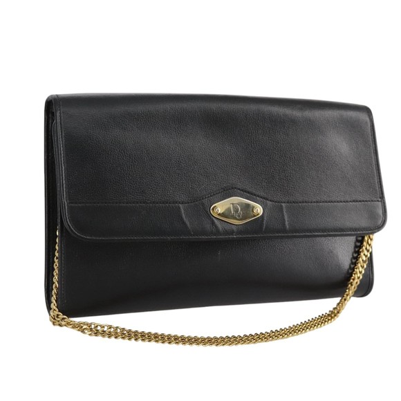 Christian Dior Chain Shoulder Bag Leather Black Gold Auth 109077 - Picture 1 of 16